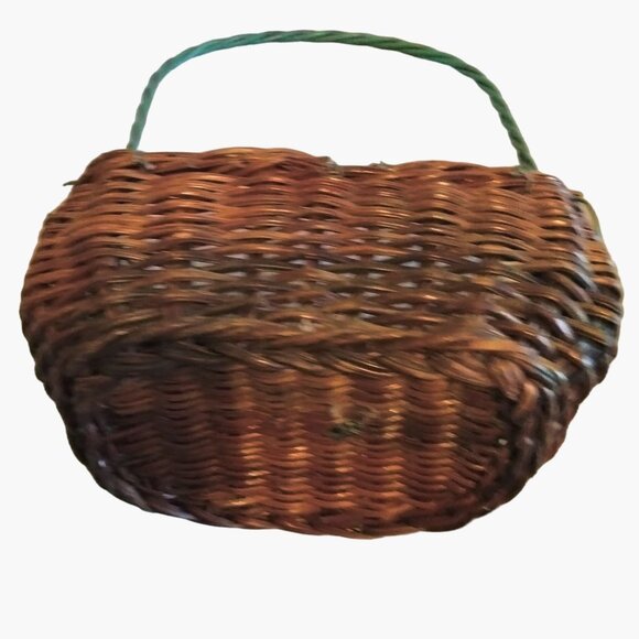Brown Green Half Round Hanging Wicker Basket Green Metal Leaves Vintage 7 inch - Picture 10 of 11